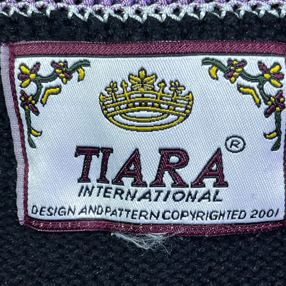 Tiara International Floral Embroidered Knit Artsy‎ Cardigan Sweater Purple Trim